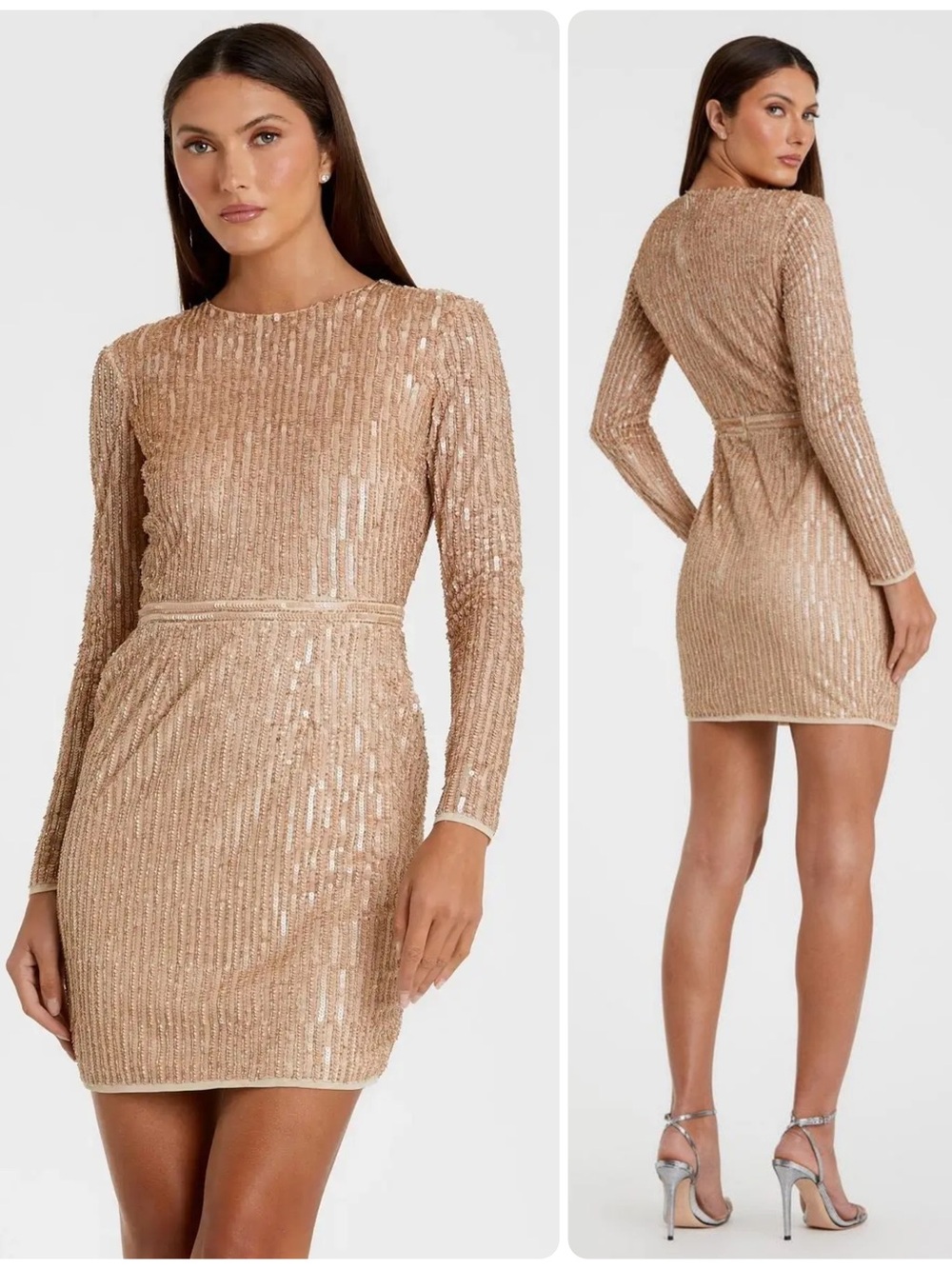 Mac Duggal Gold Long-Sleeve Sequin Cocktail Mini Dress 93625 NWT $398